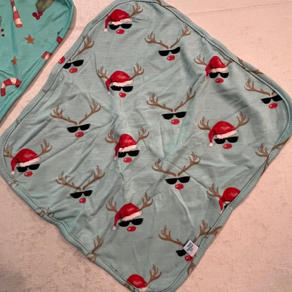 Posh Peanut Festive holiday Bib Set - Teal candy cane and turquoise reindeer